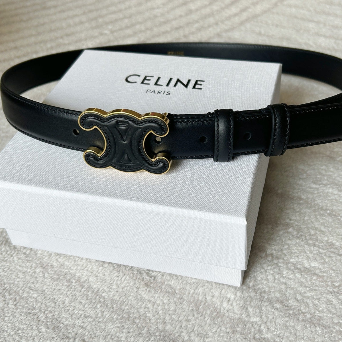TRIOMPHE BELT 24MM IN BLACK CALFSKIN WITH LEATHER BUCKLE GOLD HARDWARE
