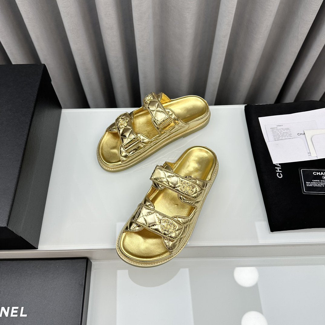 dad sandals gold metalic lambskin mules