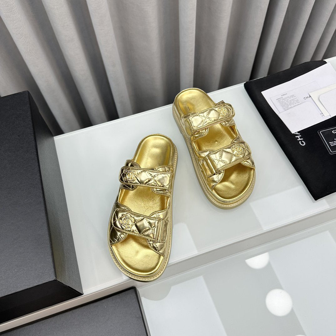 dad sandals gold metalic lambskin mules