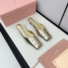 SQUARE TOE MULES METALLIC GOLD SHEEPSKIN