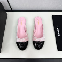 BOW MULE IN LIGHT PINK FABRIC AND BLACK CALFSKIN
