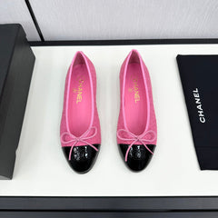 BALLET FLATS IN BRIGHT PINK TWEED AND BLACK CALFSKIN