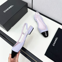 SLINGBACK LIGHT BLUE TWEED AND BLACK CALFSKIN