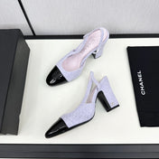 HIGH SLINGBACK LIGHT BLUE TWEED AND BLACK CALFSKIN