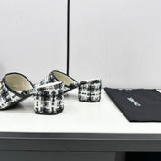 CC HIGH MULE IN WHITE MIX BLACK WOOL TWEED AND CALFSKIN