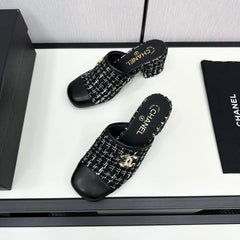 CC HIGH MULE IN BLACK MIX WHITE WOOL TWEED AND CALFSKIN