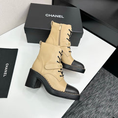 CHANEL 25S LACE-UP HEELED ANKLE BOOTS IN LIGHT GOLD CALFSKIN