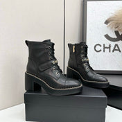 CHANEL 25S LACE-UP HEELED ANKLE BOOTS IN BLACK CALFSKIN