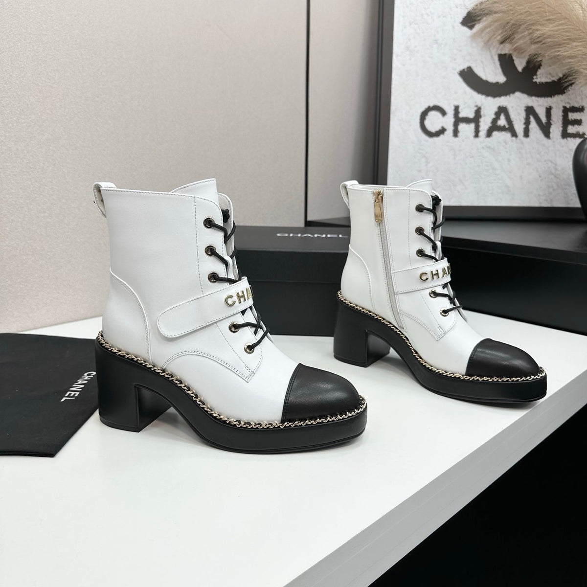 CHANEL 25S LACE-UP HEELED ANKLE BOOTS IN WHITE CALFSKIN