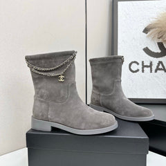 CHANEL 25S SHORT BOOTS IN GRAY SUEDE SILVER HARDWRE