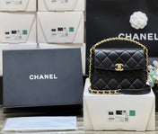 25S CHANEL TOTE CROSSBODY BAG 19 IN BLACK CALFSKIN WITH METAL HANDLE