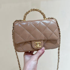 FLAP BAG WITH TOP HANDLE 19 IN BROWN LAMBSKIN GOLD HARDWARE