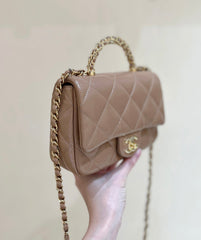 FLAP BAG WITH TOP HANDLE 19 IN BROWN LAMBSKIN GOLD HARDWARE