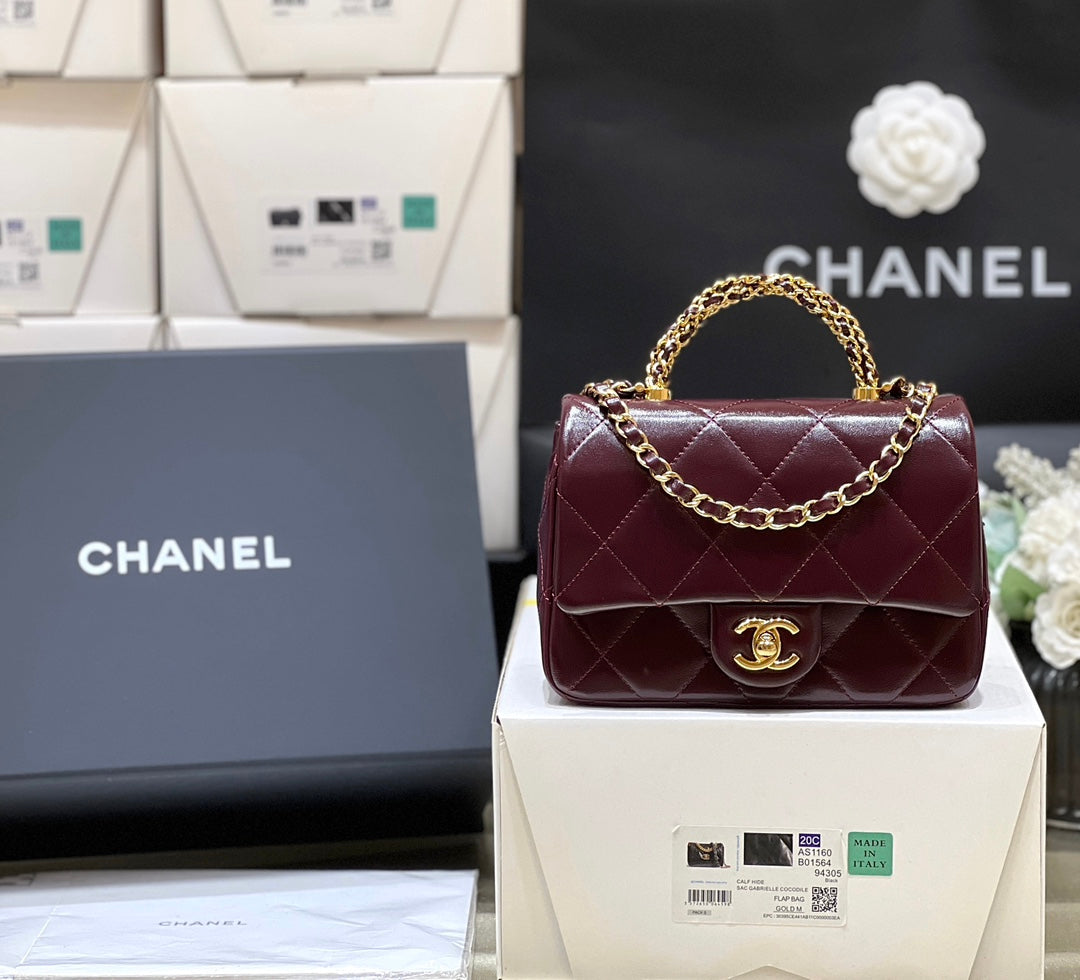 CHANEL TOP HANDLE 19 IN WINE RED LAMBSKIN GOLD HARDWARE