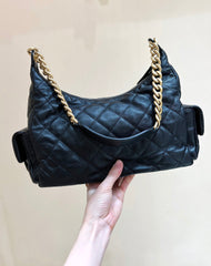 CHANEL QUILTED HOBO CARGO BAG 35 IN BLACK CALFSKIN GOLD CHAIN