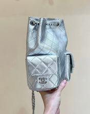 DRAWSTRING BUCKET BACKPACK 24 IN SILVER-TONE LAMBSKIN SILVER HARDWARE