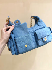 CHANEL 25S LARGE HOBO BAG 35 IN LIGHT BLUE DENIM GOLD HARDWARE