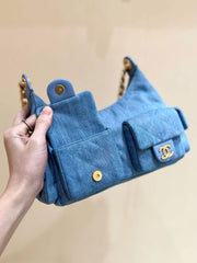 CHANEL 25S MEDIUM HOBO BAG 31 IN LIGHT BLUE DENIM GOLD HARDWARE
