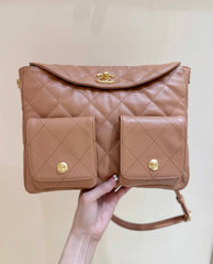 CHANEL 25S HIPPIE HOBO POSTMAN BAG 30 IN WARM TAUPE CALFSKIN GOLD HARDWARE