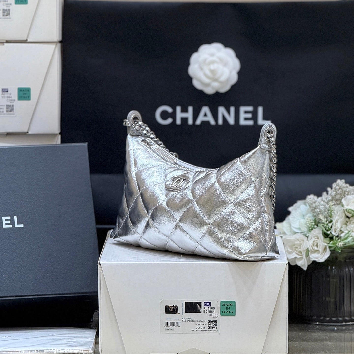 CHANEL 25S HOBO BAG KABELKA 26 IN SILVER CALFSKIN