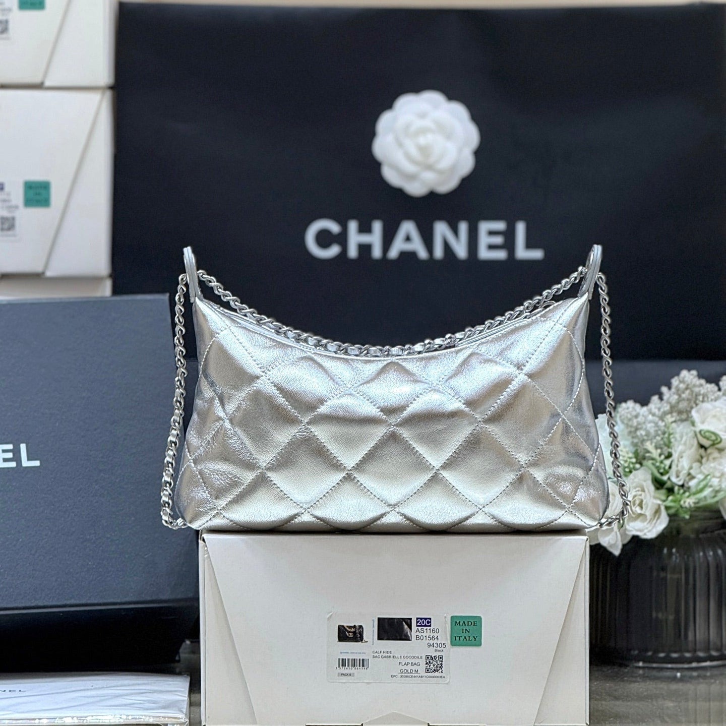 CHANEL 25S HOBO BAG KABELKA 26 IN SILVER CALFSKIN