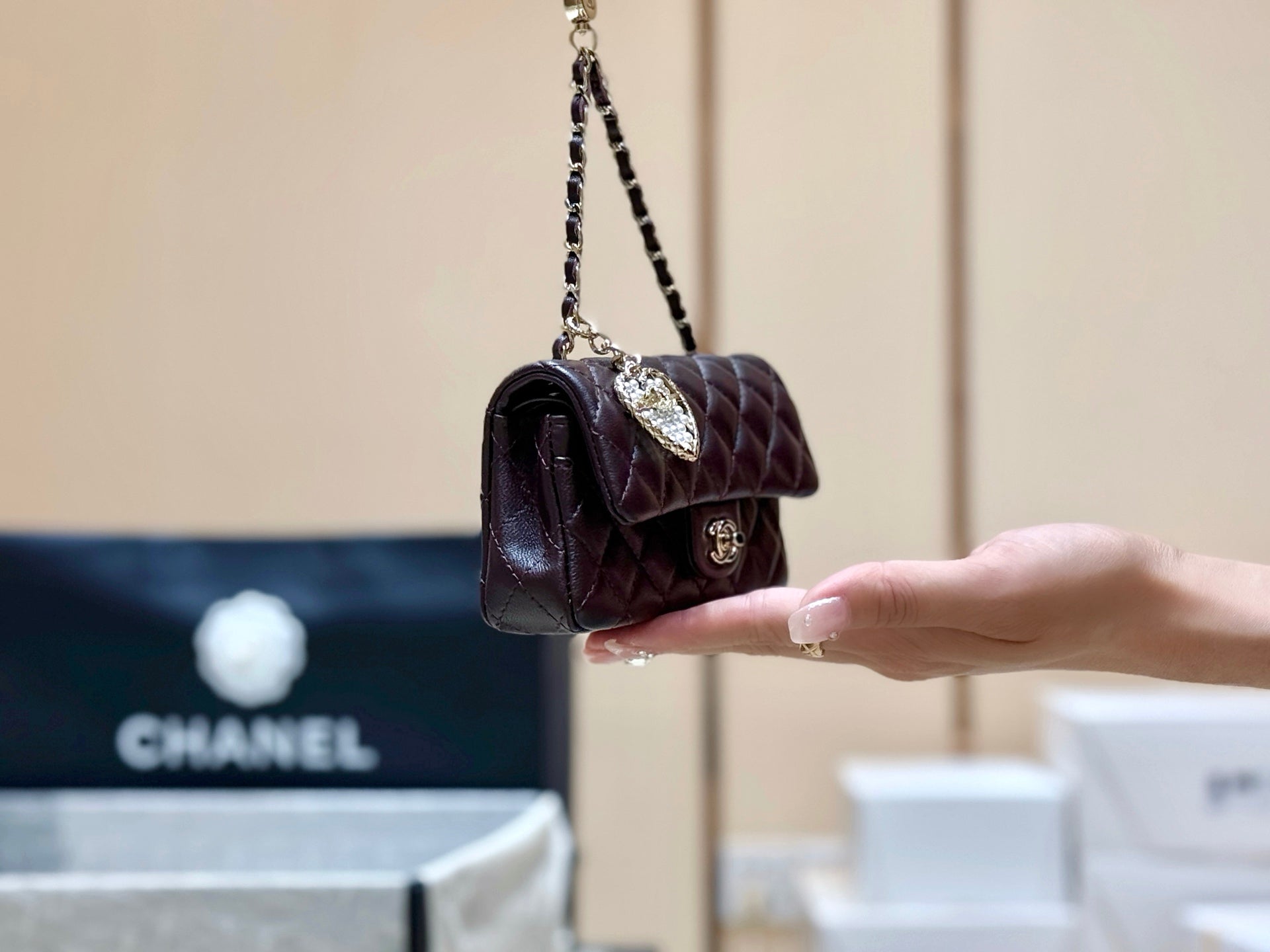 CHANEL 25S FLAP CHARM BAG 13 IN CHOCOLATE BROWN LAMBSKIN