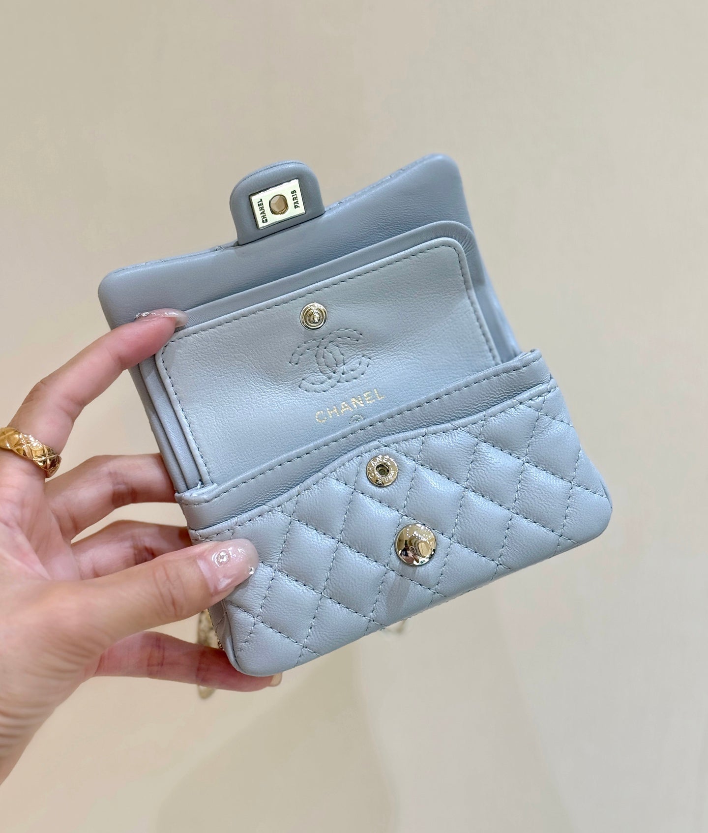 CHANEL 25S FLAP CHARM BAG 13 IN SKY BLUE LAMBSKIN