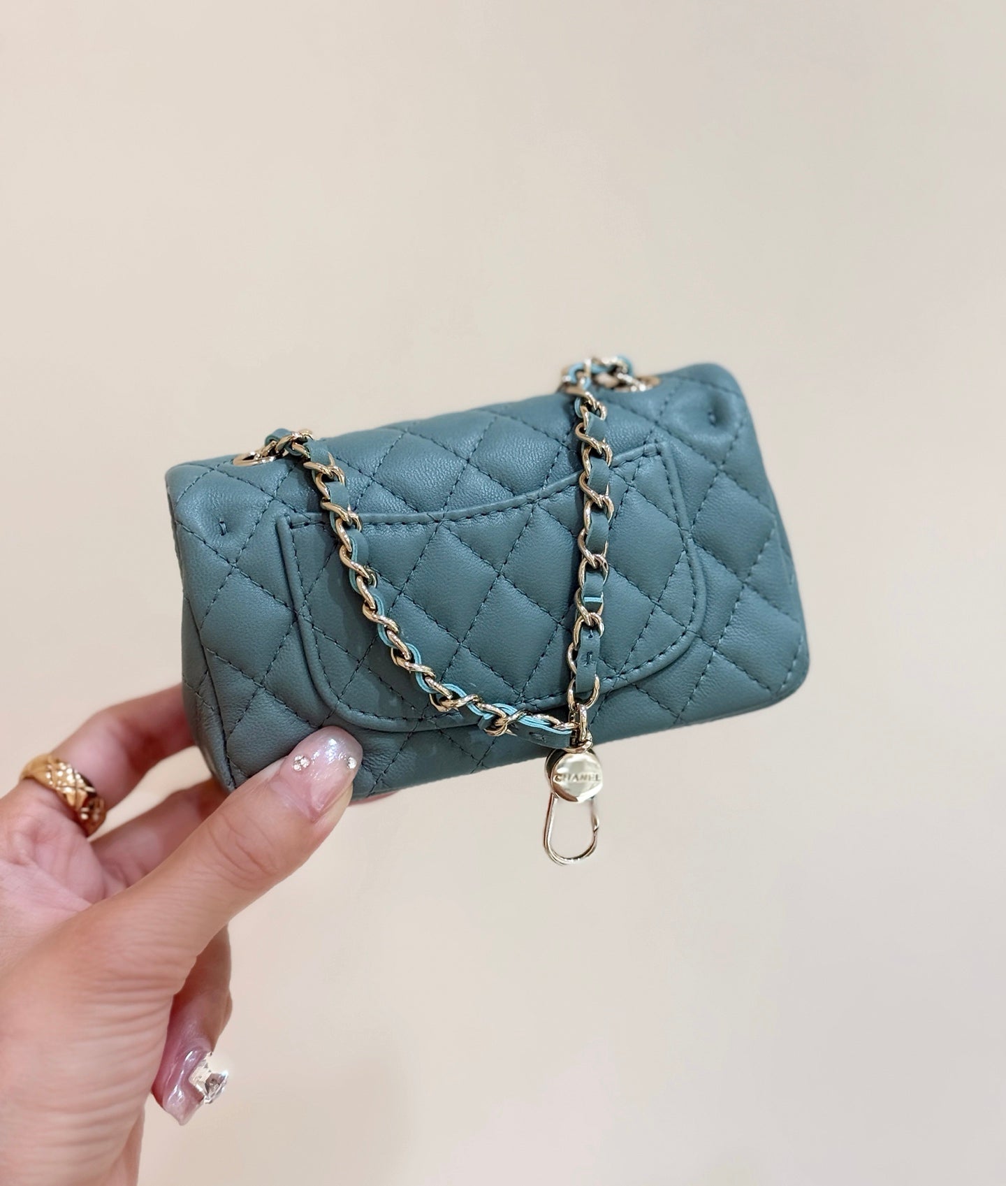 CHANEL 25S FLAP CHARM BAG 13 IN TEAL BLUE LAMBSKIN
