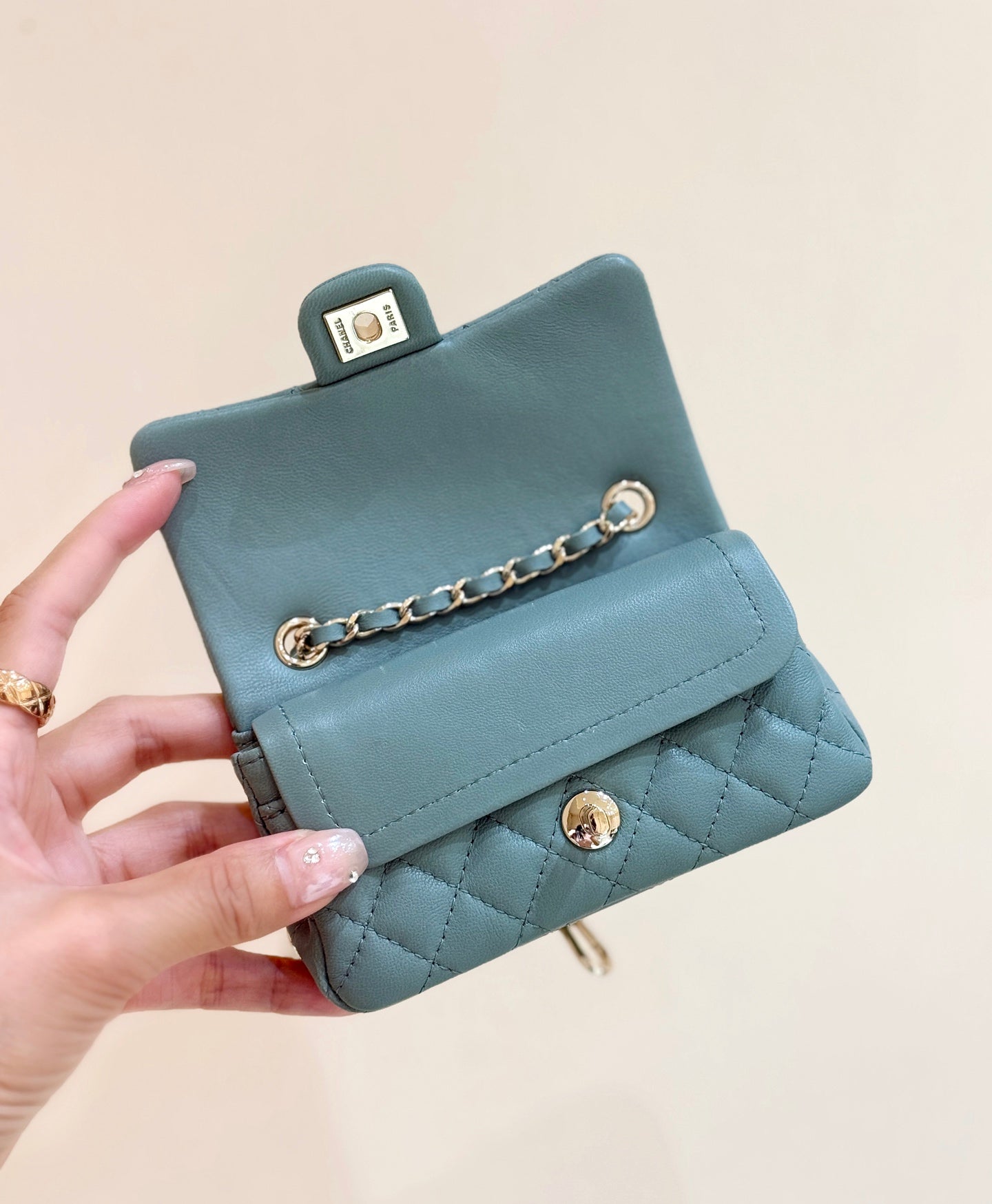 CHANEL 25S FLAP CHARM BAG 13 IN TEAL BLUE LAMBSKIN