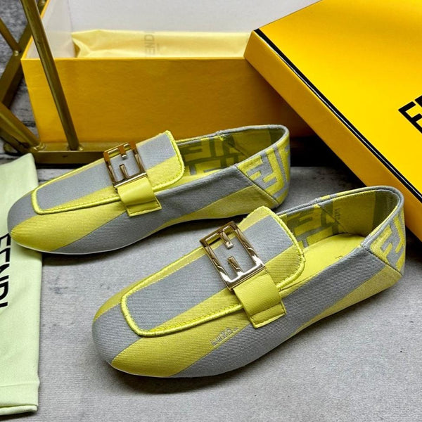 FENDI BAGUETTE LOAFERS IN GREY MIX LEMON YELLOW CANVAS GOLD HARDWARE