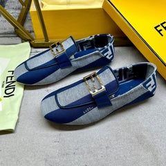 FENDI BAGUETTE LOAFERS IN AZURE BLUE CANVAS GOLD HARDWARE