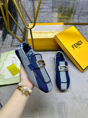 FENDI BAGUETTE LOAFERS IN AZURE BLUE CANVAS GOLD HARDWARE