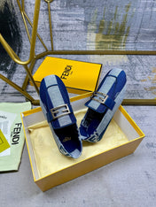 FENDI BAGUETTE LOAFERS IN AZURE BLUE CANVAS GOLD HARDWARE