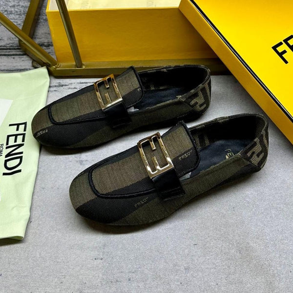 FENDI BAGUETTE LOAFERS IN OLIVE GREEN MIX BLACK CANVAS GOLD HARDWARE