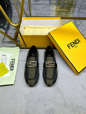 FENDI BAGUETTE LOAFERS IN OLIVE GREEN MIX BLACK CANVAS GOLD HARDWARE