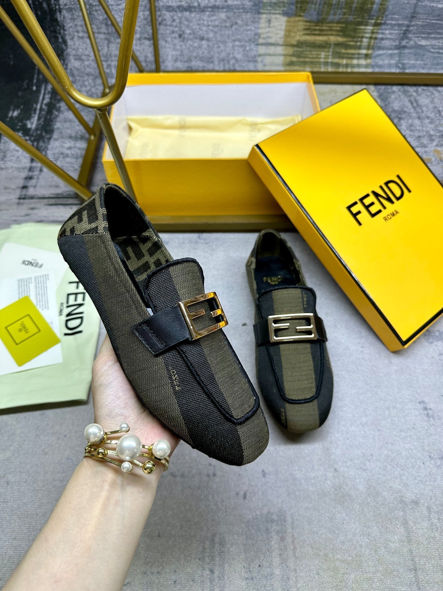 FENDI BAGUETTE LOAFERS IN OLIVE GREEN MIX BLACK CANVAS GOLD HARDWARE