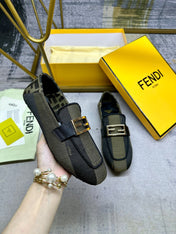 FENDI BAGUETTE LOAFERS IN OLIVE GREEN MIX BLACK CANVAS GOLD HARDWARE
