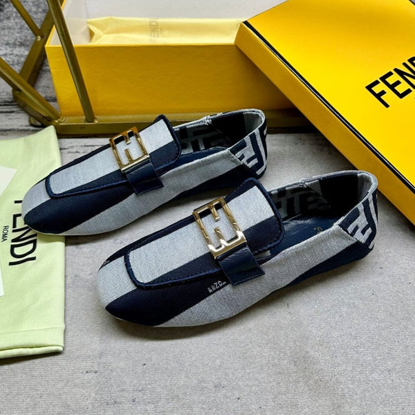 FENDI BAGUETTE LOAFERS IN NAVY BLUE MIX WHITE CANVAS GOLD HARDWARE