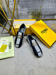 FENDI BAGUETTE LOAFERS IN NAVY BLUE MIX WHITE CANVAS GOLD HARDWARE