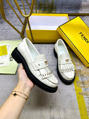 FENDI BAGUETTE LOAFERS IN WHITE CALFSKIN WITH GOLD HARDWARE