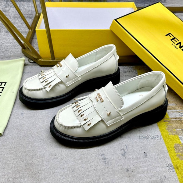 FENDI BAGUETTE LOAFERS IN WHITE CALFSKIN WITH GOLD HARDWARE