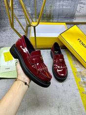 FENDI BAGUETTE LOAFERS IN MAROON RED CALFSKIN WITH GOLD HARDWARE