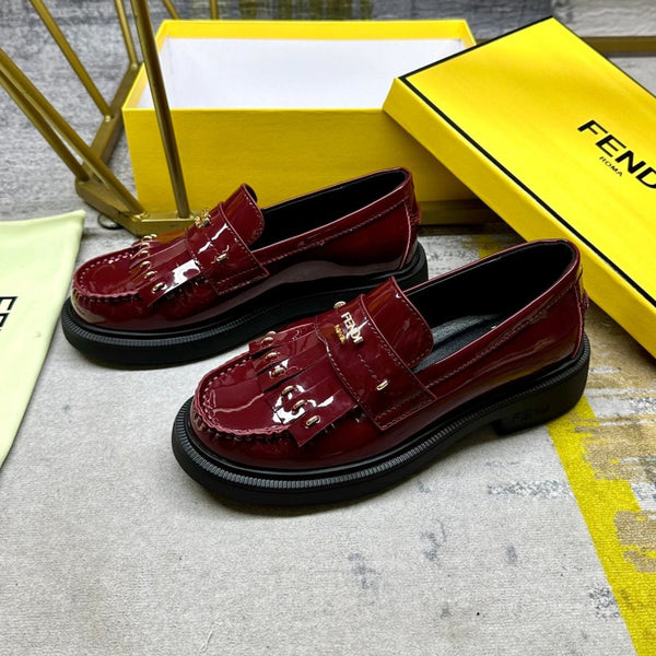 FENDI BAGUETTE LOAFERS IN MAROON RED CALFSKIN WITH GOLD HARDWARE