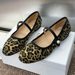 BALLET FLAT CAMEL PONY HAIR CALFSKIN WITH BROWN LEOPARD MOTIF