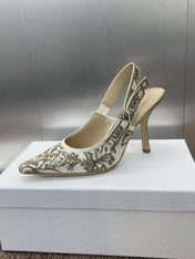J'ADIOR HIGH SLINGBACK PUMP WHITE AND GOLD-TONE MILLEFIORI JACQUARD 95 MM