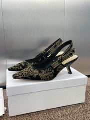 J'ADIOR HIGH SLINGBACK PUMP BLACK AND GOLD-TONE MILLEFIORI JACQUARD 65 MM
