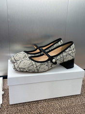 D-RAMOUR BALLET FLATS IN WHITE MIX BLACK EMBROIDERED CANNAGE TWEED 35 MM