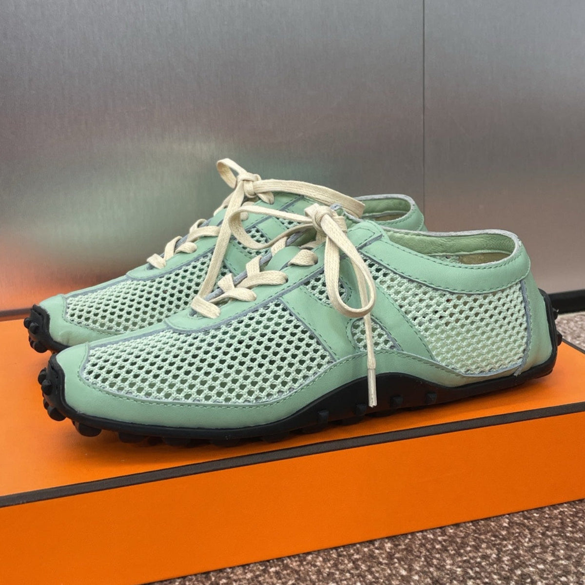 KIGA SNEAKER IN GREEN MINT CROCHET KNIT AND CALFSKIN