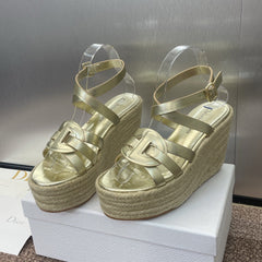 D-CLUB 25S HIGH HEEL WEDGE 100MM IN GOLD GLOSSY CALFSKIN RAFFIA SOLE