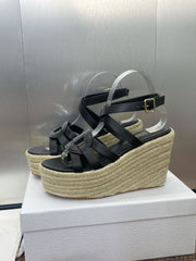 D-CLUB 25S HIGH HEEL WEDGE 100MM IN BLACK CALFSKIN RAFFIA SOLE
